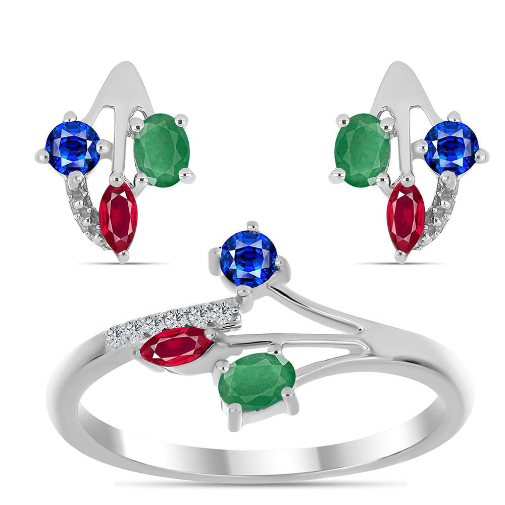Strieborné Sada s Madagaskarským Rubínom a Brazílskym Smaragdom ( Náušnice+Prsteň )