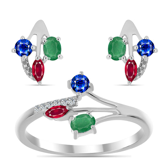 Strieborné Sada s Madagaskarským Rubínom a Brazílskym Smaragdom ( Náušnice+Prsteň )