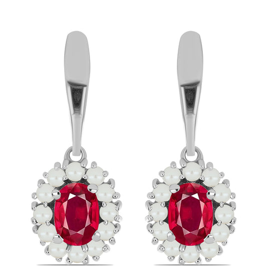 Strieborné Náušnice s Madagaskarským Rubínom a Bielou Sladkovodnou Perlou