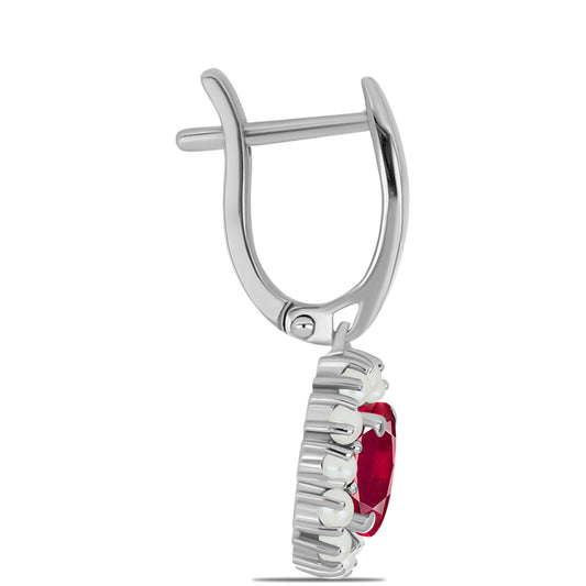 Strieborné Náušnice s Madagaskarským Rubínom a Bielou Sladkovodnou Perlou