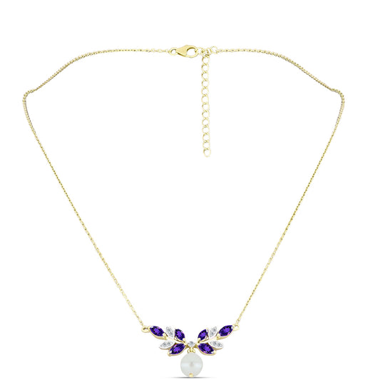 Pozlátený Strieborný Náhrdelník s Marockým Ametystom a Bielou Sladkovodnou Perlou