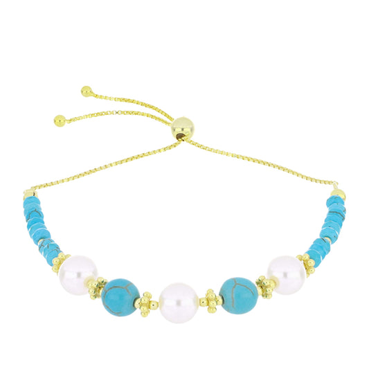 Pozlátený Strieborný Náramok s so Sleeping Beauty Tyrkysom a Bielou Sladkovodnou Perlou