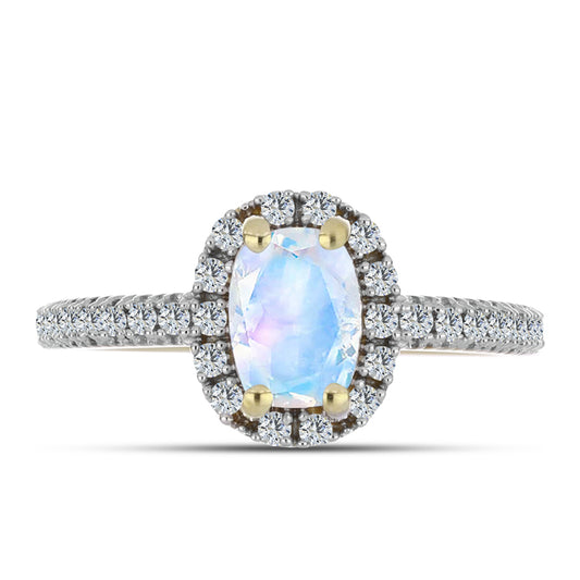 Pozlátený Strieborný Prsteň s Dúhovým Mesačným Kameňom a Bielym Topásom