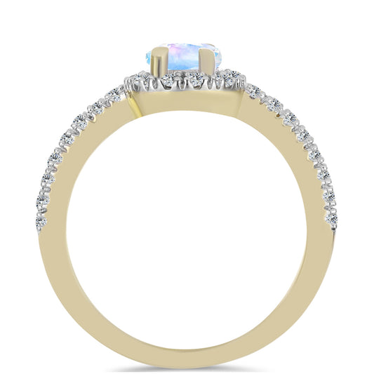 Pozlátený Strieborný Prsteň s Dúhovým Mesačným Kameňom a Bielym Topásom