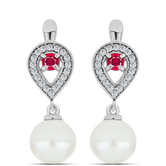 Strieborné Náušnice s Madagaskarským Rubínom a Bielou Sladkovodnou Perlou