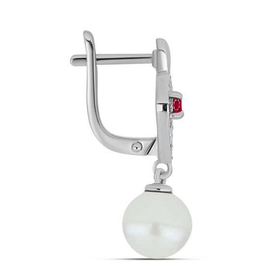 Strieborné Náušnice s Madagaskarským Rubínom a Bielou Sladkovodnou Perlou