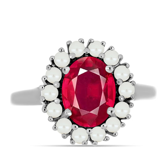 Strieborný Prsteň s Madagaskarským Rubínom a Bielou Sladkovodnou Perlou