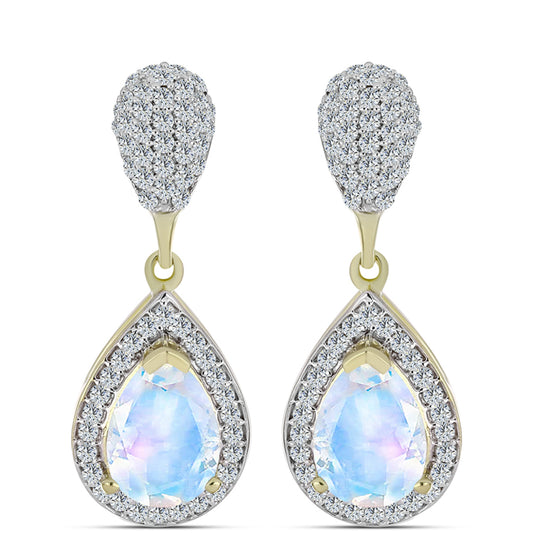 Pozlátené Strieborné Náušnice s Dúhovým Mesačným Kameňom a Bielym Topásom