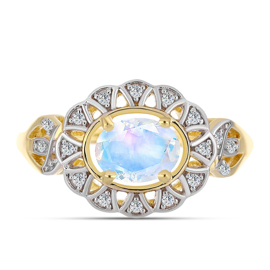 Pozlátený Strieborný Prsteň s Dúhovým Mesačným Kameňom a Bielym Topásom