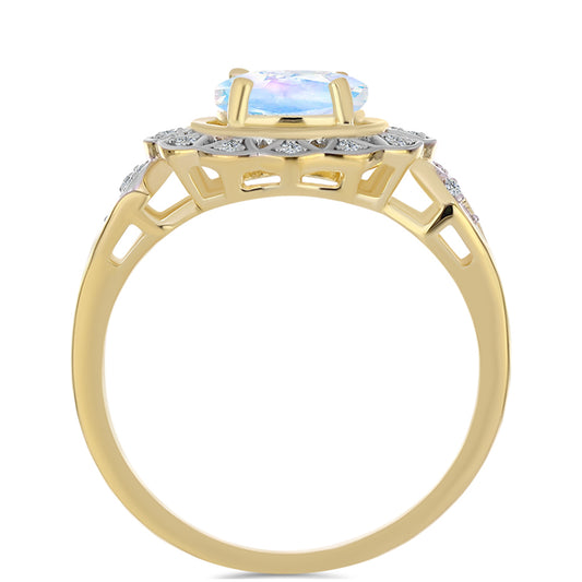 Pozlátený Strieborný Prsteň s Dúhovým Mesačným Kameňom a Bielym Topásom