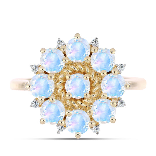 Pozlátený Strieborný Prsteň s Dúhovým Mesačným Kameňom a Bielym Topásom