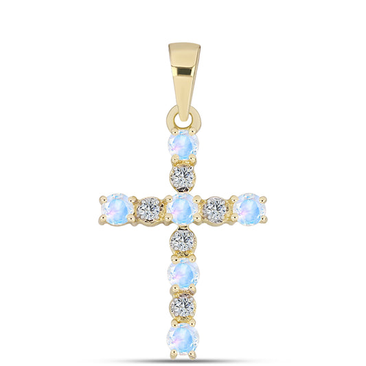 Kríž Pozlátený Strieborný Prívesok s Dúhovým Mesačným Kameňom a Bielym Topásom