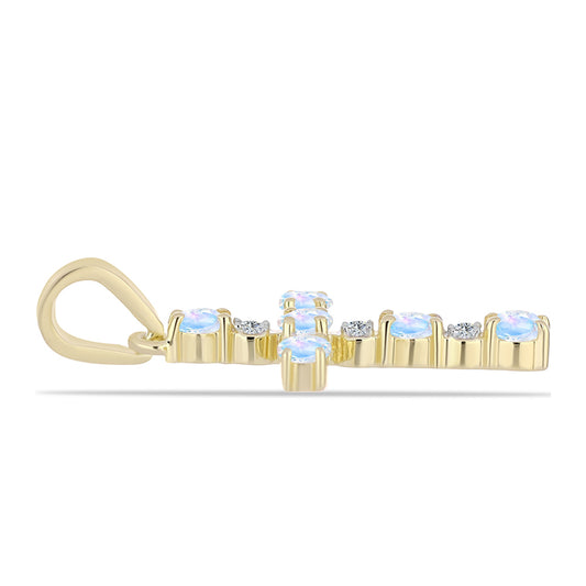 Kríž Pozlátený Strieborný Prívesok s Dúhovým Mesačným Kameňom a Bielym Topásom