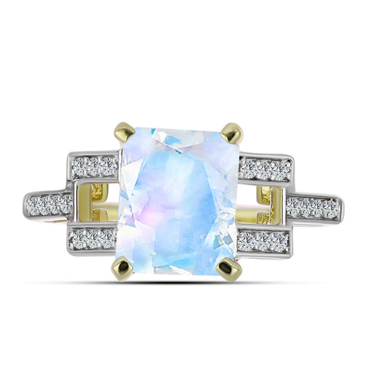 Pozlátený Strieborný Prsteň s Dúhovým Mesačným Kameňom a Bielym Topásom