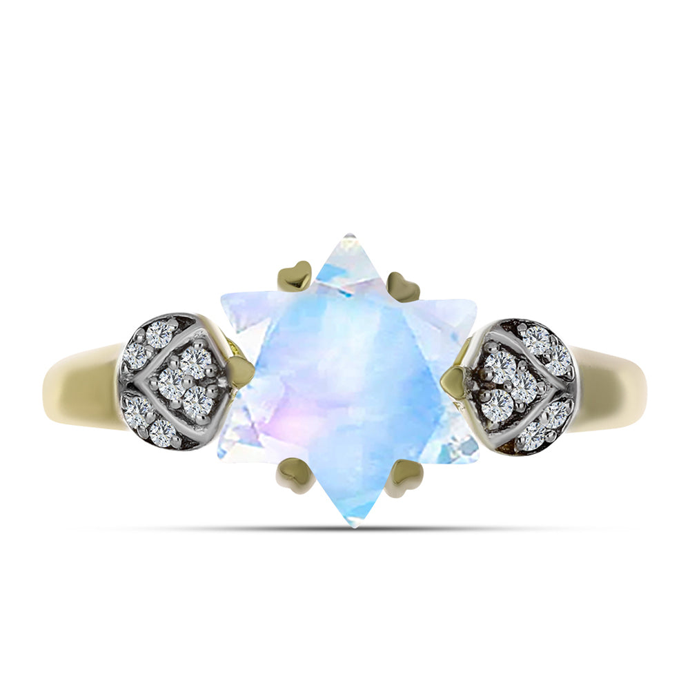 Pozlátený Strieborný Prsteň s Dúhovým Mesačným Kameňom a Bielym Topásom