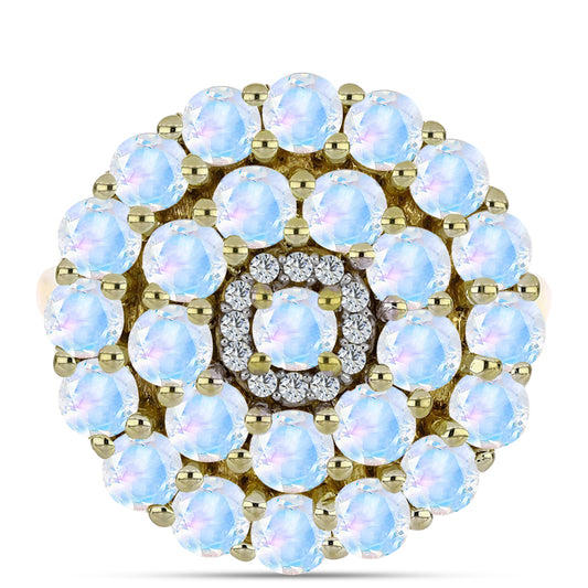 Pozlátený Strieborný Prsteň s Dúhovým Mesačným Kameňom a Bielym Topásom