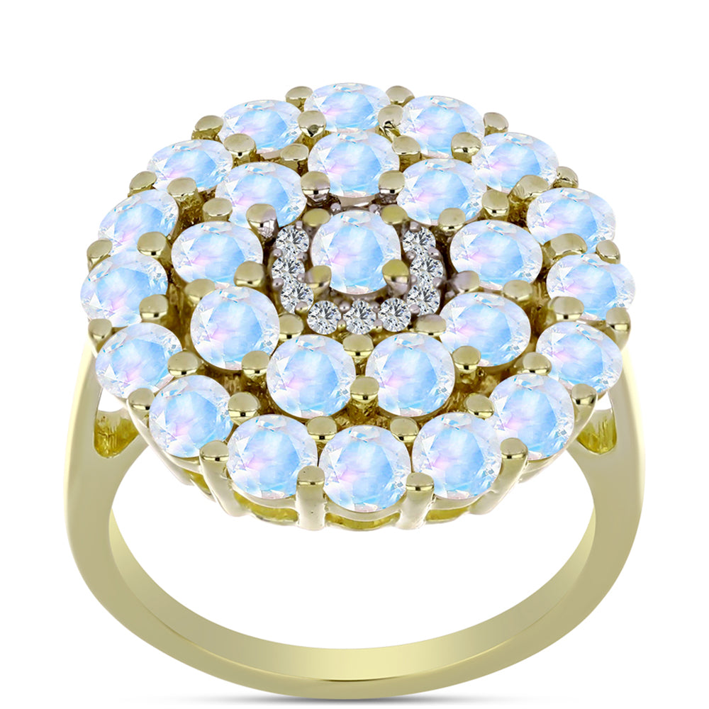 Pozlátený Strieborný Prsteň s Dúhovým Mesačným Kameňom a Bielym Topásom 3 