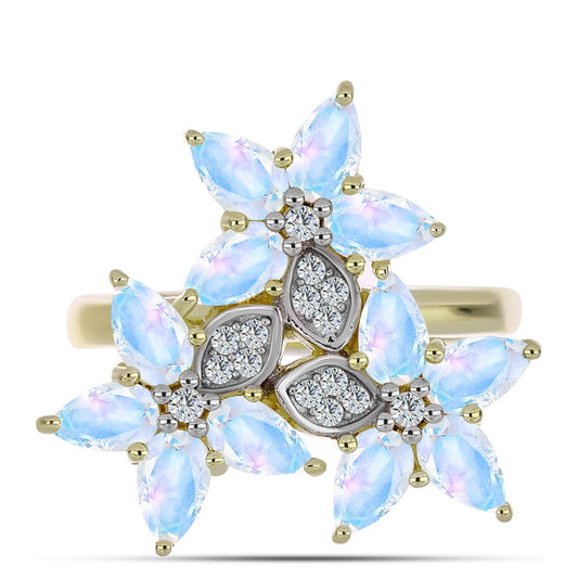 Pozlátený Strieborný Prsteň s Dúhovým Mesačným Kameňom a Bielym Topásom