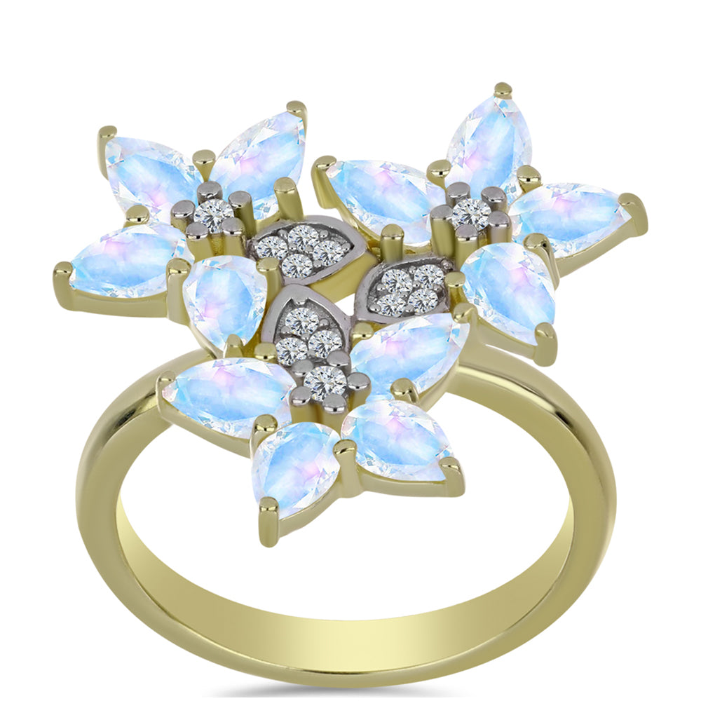 Pozlátený Strieborný Prsteň s Dúhovým Mesačným Kameňom a Bielym Topásom 3 