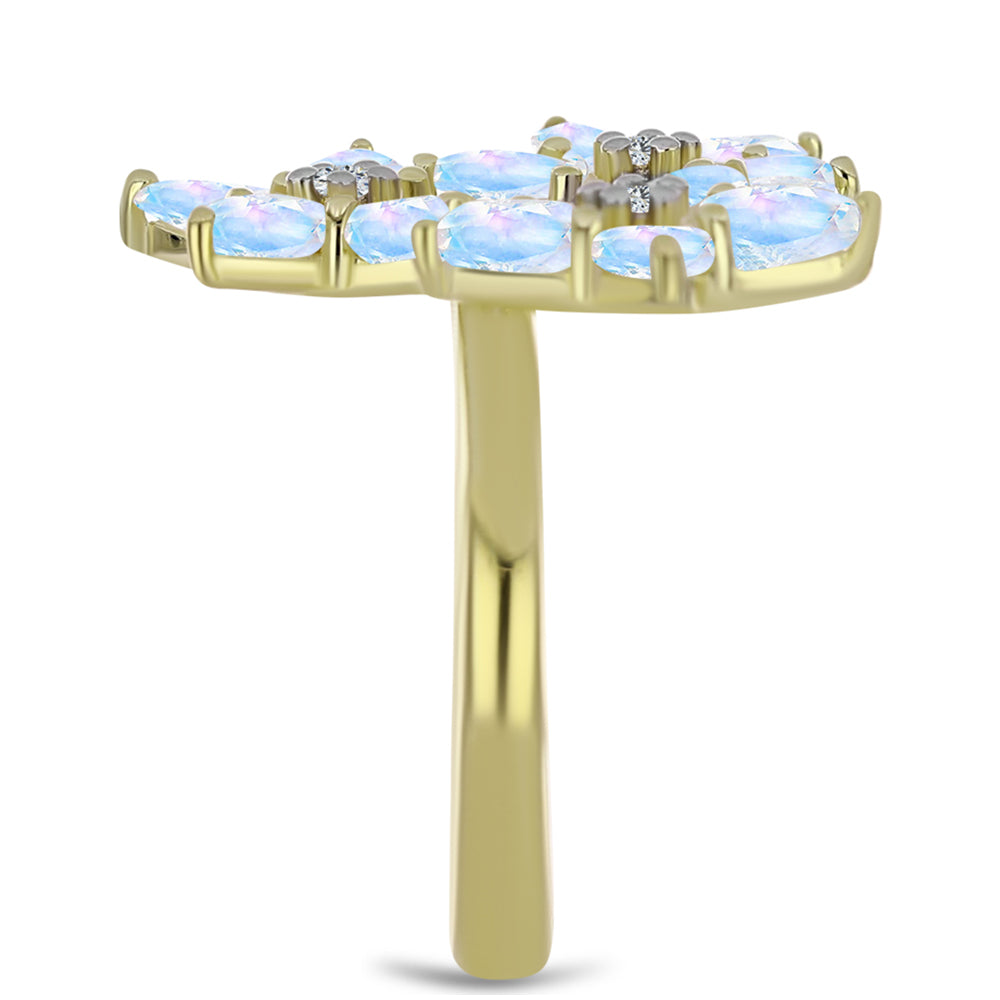 Pozlátený Strieborný Prsteň s Dúhovým Mesačným Kameňom a Bielym Topásom