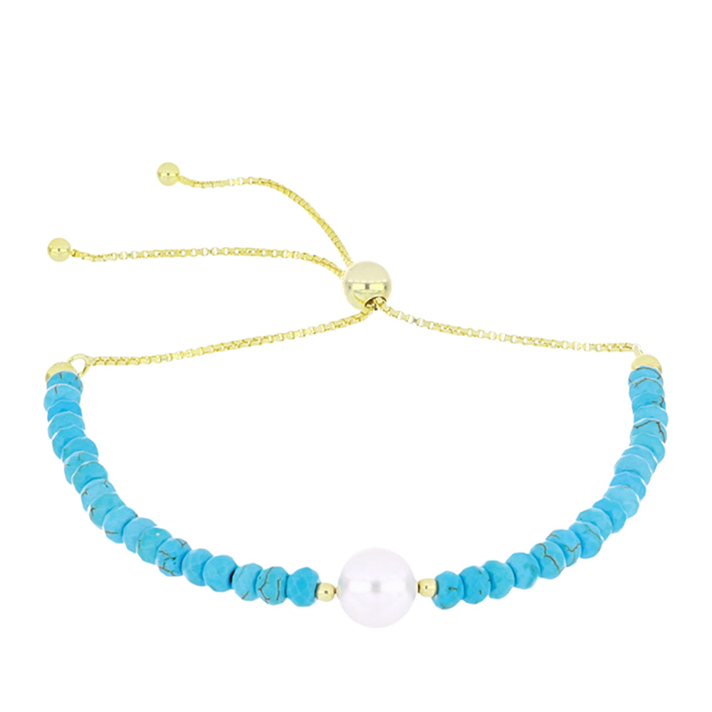 Pozlátený Strieborný Náramok s so Sleeping Beauty Tyrkysom a Bielou Sladkovodnou Perlou 1 