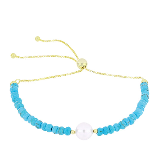 Pozlátený Strieborný Náramok s so Sleeping Beauty Tyrkysom a Bielou Sladkovodnou Perlou
