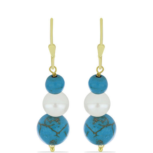 Pozlátené Strieborné Náušnice s so Sleeping Beauty Tyrkysom a Bielou Sladkovodnou Perlou