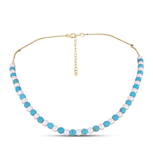 Pozlátený Strieborný Náhrdelník s so Sleeping Beauty Tyrkysom a Bielou Sladkovodnou Perlou