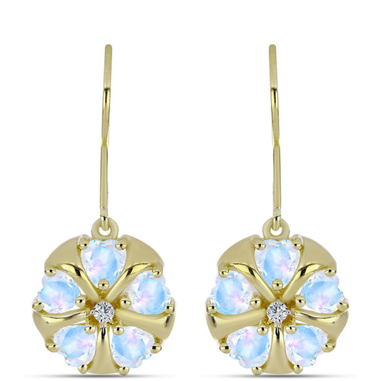 Pozlátené Strieborné Náušnice s Dúhovým Mesačným Kameňom a Bielym Topásom