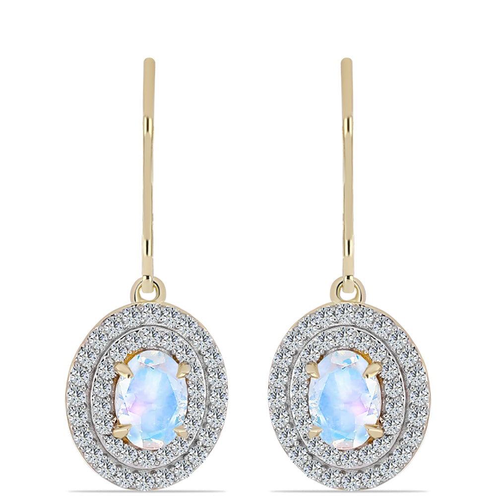 Pozlátené Strieborné Náušnice s Dúhovým Mesačným Kameňom a Bielym Topásom