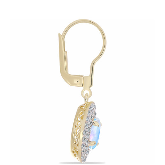 Pozlátené Strieborné Náušnice s Dúhovým Mesačným Kameňom a Bielym Topásom