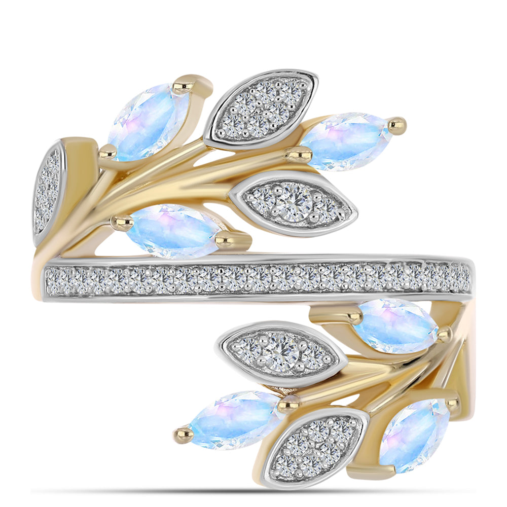 Pozlátený Strieborný Prsteň s Dúhovým Mesačným Kameňom a Bielym Topásom