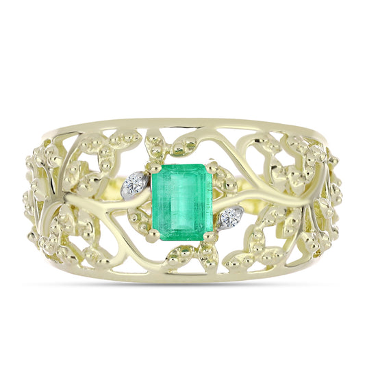 Pozlátený Strieborný Prsteň s Kolumbijským Smaragdom a Bielym Diamantom