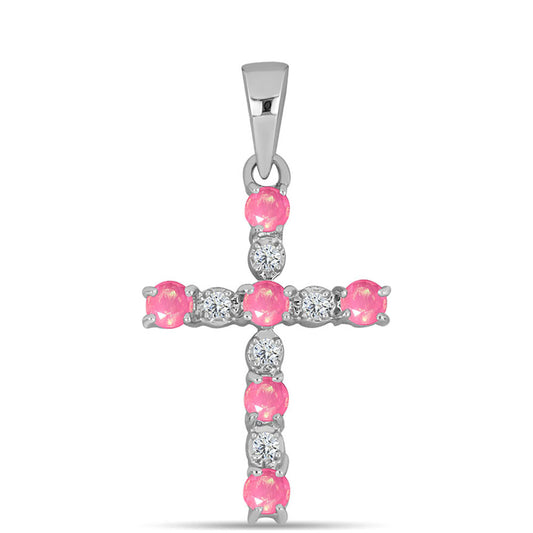 Kríž Strieborný Prívesok s so Sýto Ružovým Opálom z Lega Dembi a Bielym Topásom