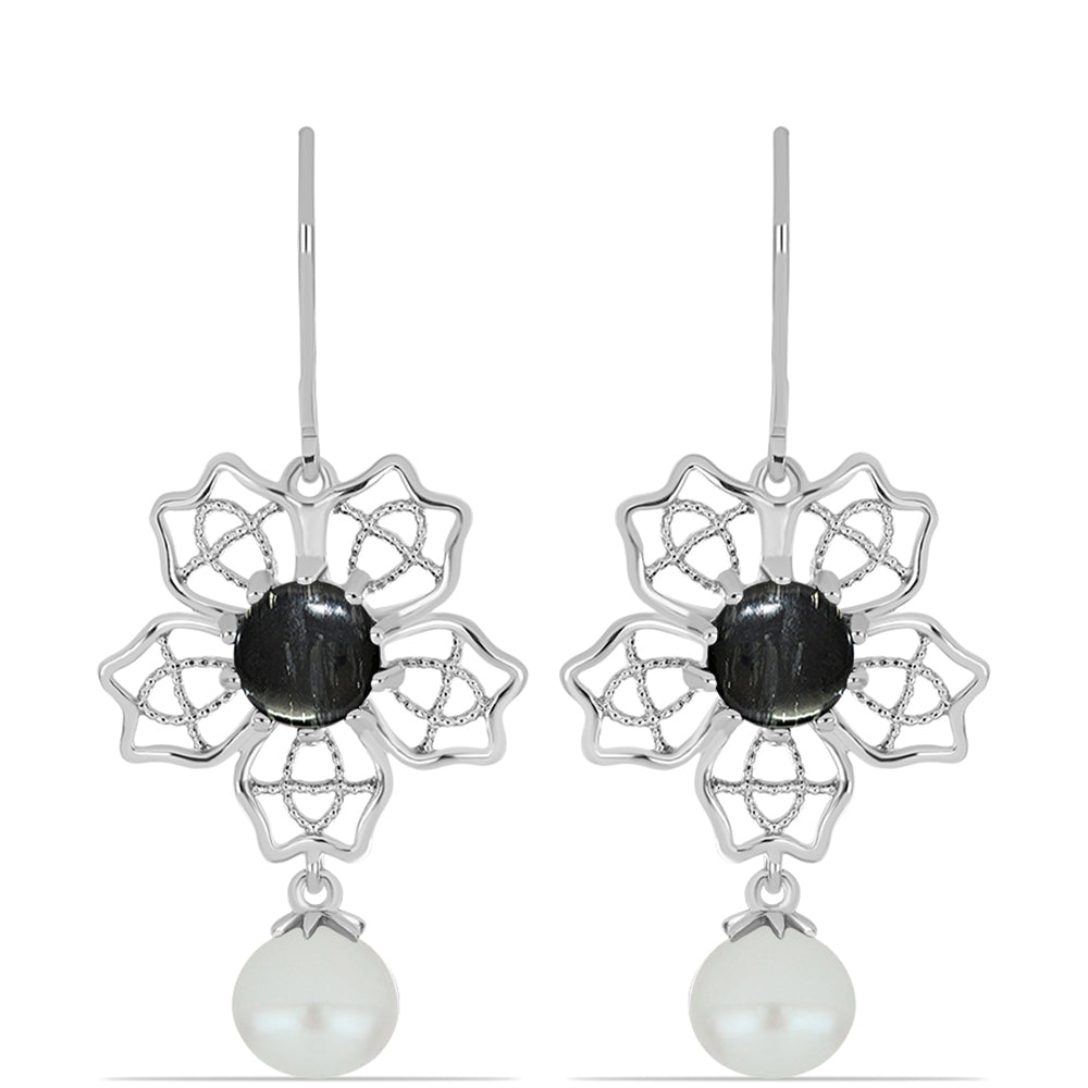 Strieborné Náušnice s Picasso Jaspisom a Bielou Sladkovodnou Perlou