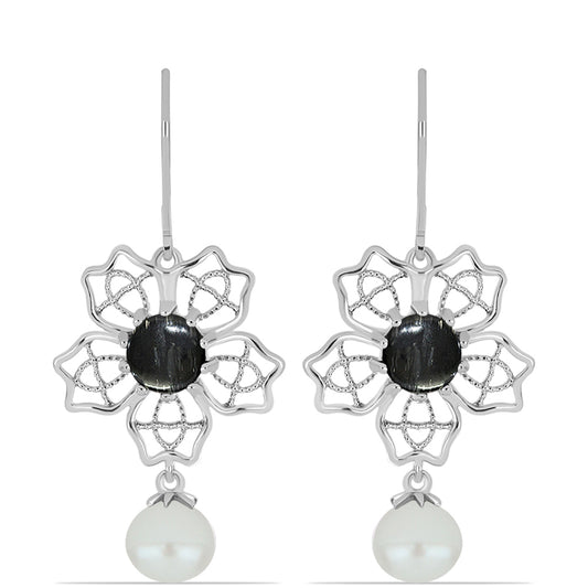 Strieborné Náušnice s Picasso Jaspisom a Bielou Sladkovodnou Perlou