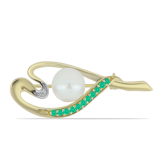 Pozlátený Strieborný Brošňa s Kolumbijským Smaragdom a Bielym Diamantom
