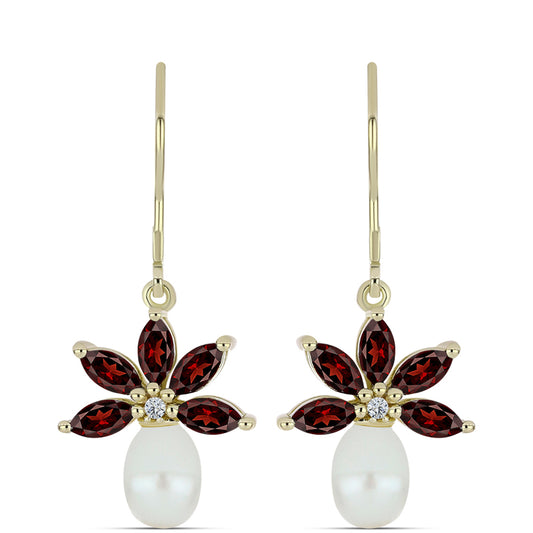 Pozlátené Strieborné Náušnice s Bartonským Granátom a so Sladkovodnou Bielou Perlou