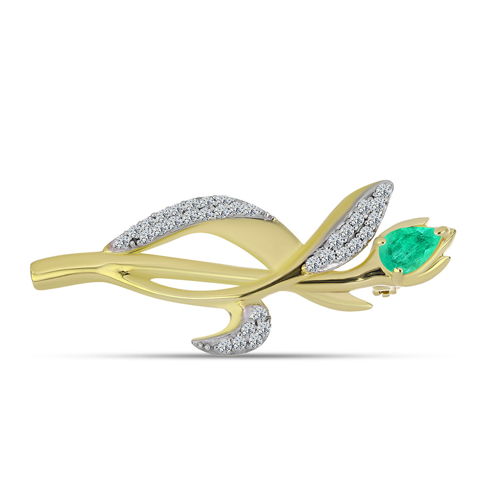 Pozlátený Strieborný Brošňa s Kolumbijským Smaragdom a Bielym Diamantom