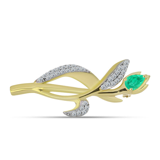 Pozlátený Strieborný Brošňa s Kolumbijským Smaragdom a Bielym Diamantom