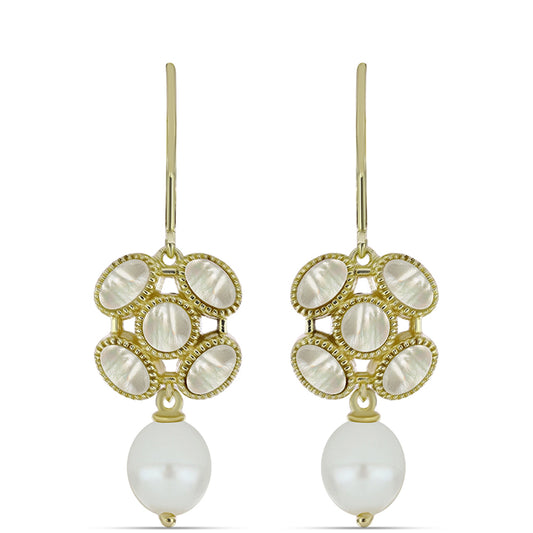 Pozlátené Strieborné Náušnice s Lastúrou a so Sladkovodnou Bielou Perlou