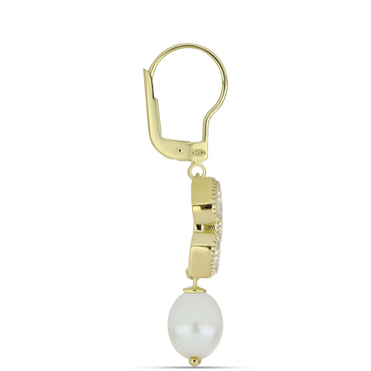 Pozlátené Strieborné Náušnice s Lastúrou a so Sladkovodnou Bielou Perlou