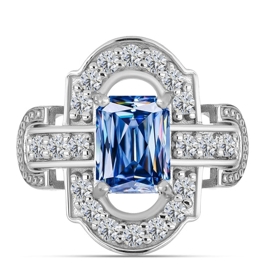 Strieborný Prsteň s S Oceánovo Modrým Moissanitom a Bielym Topásom