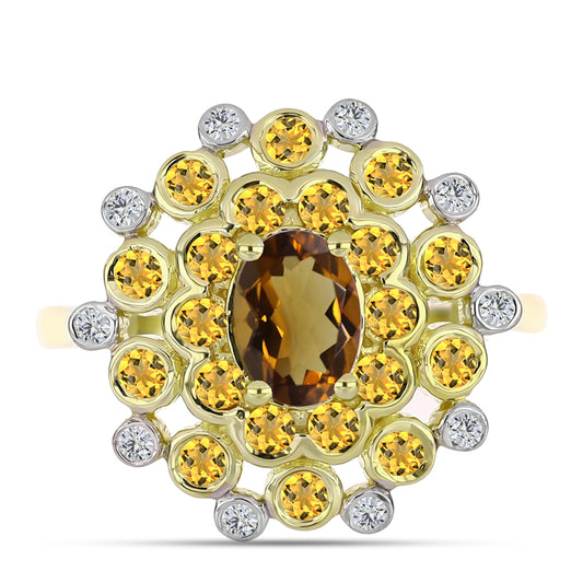 Pozlátený Strieborný Prsteň s Koňakovým Kremeňom a Bielym Topásom