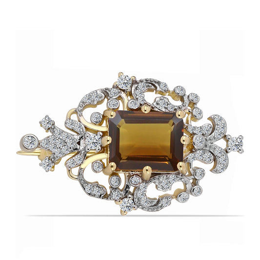 Pozlátený Strieborný Brošňa s Koňakovým Kremeňom a Bielym Topásom