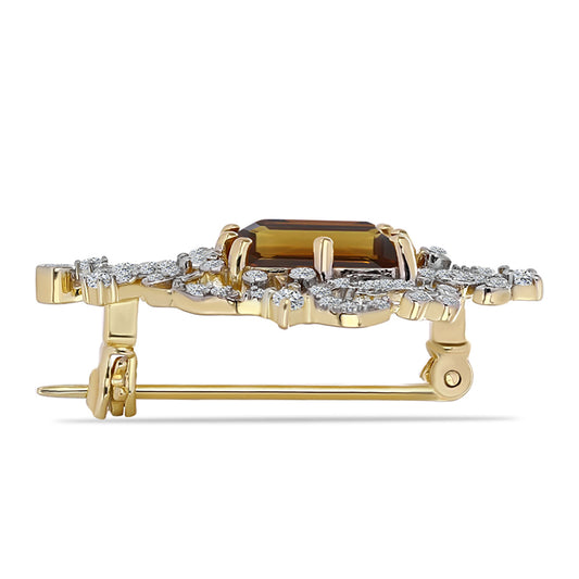 Pozlátený Strieborný Brošňa s Koňakovým Kremeňom a Bielym Topásom