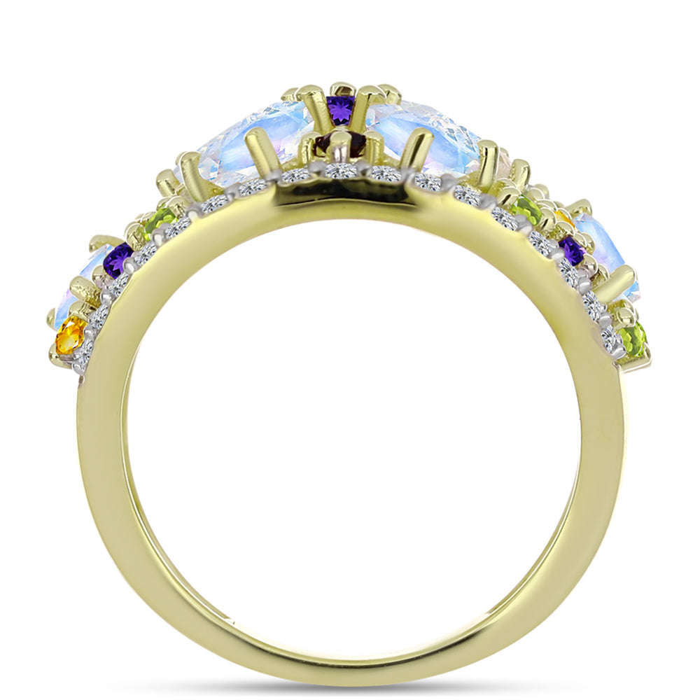 Pozlátený Strieborný Prsteň s Dúhovým Mesačným Kameňom a Marockým Ametystom 6 