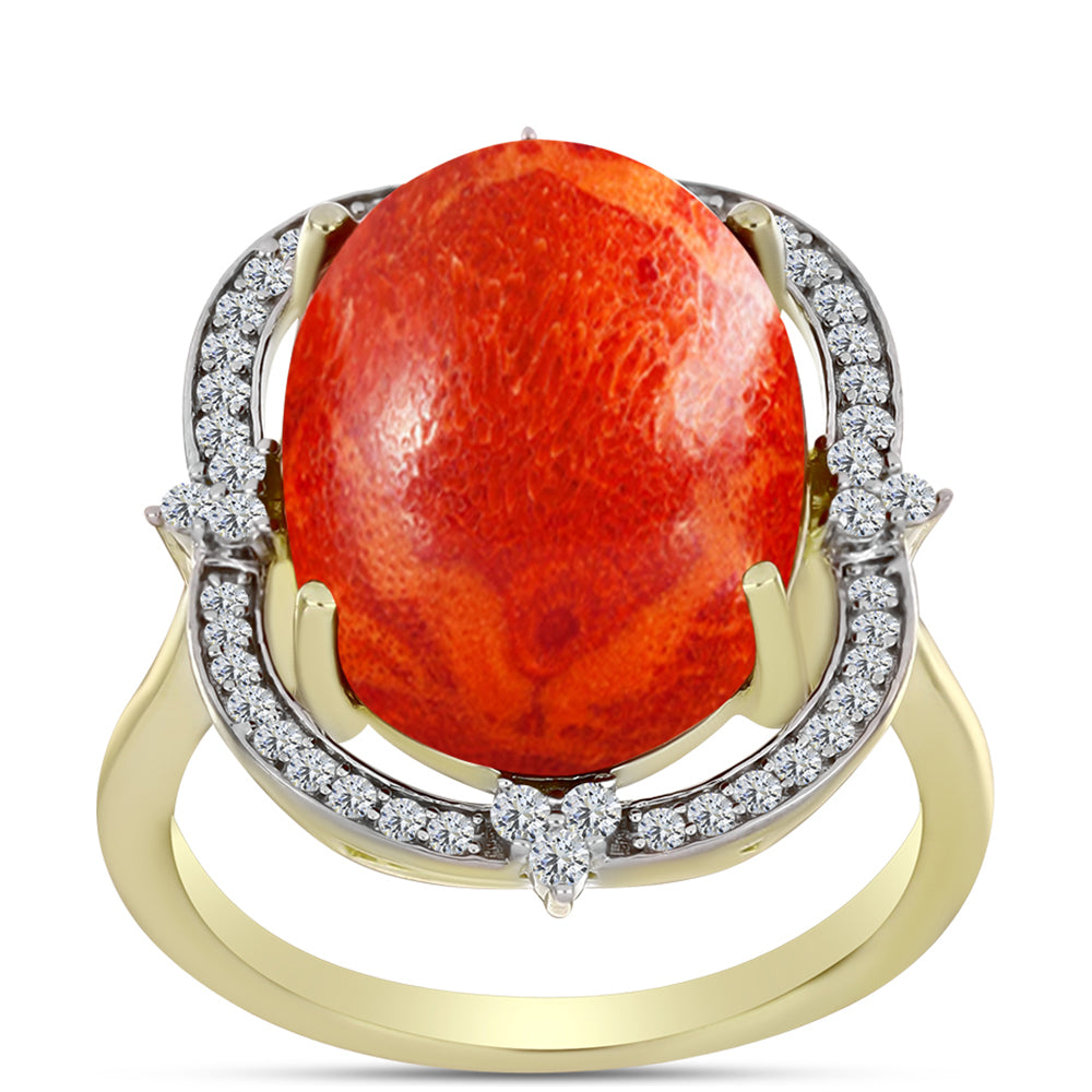 Pozlátený Strieborný Prsteň s Červeným Hubovitým Koralom a Bielym Topásom 3 