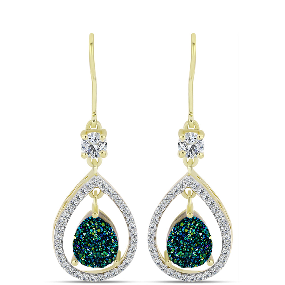 Pozlátené Strieborné Náušnice s so Zelenou Drusy a Bielym Topásom