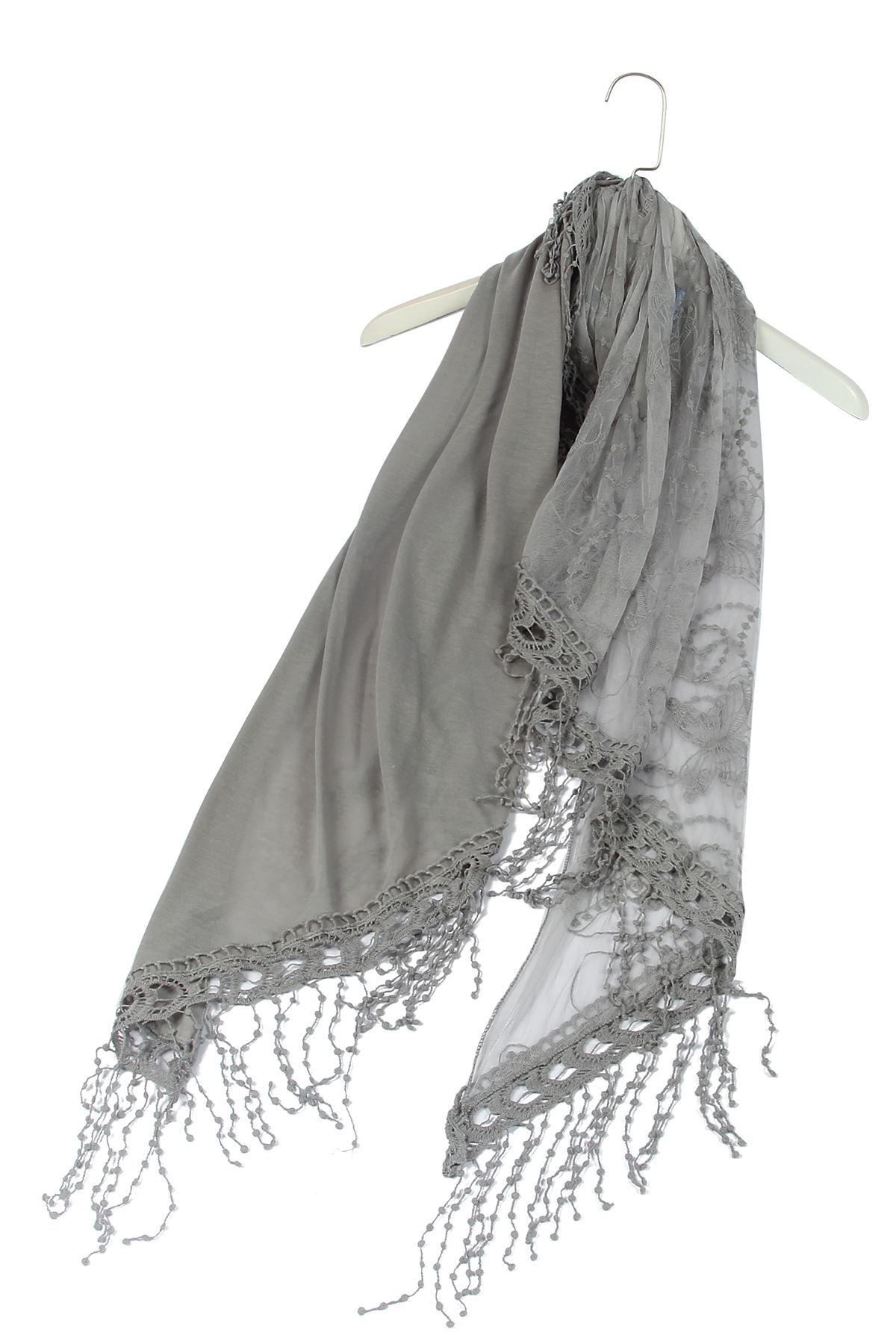 Bavlnený lichobežníkový šál-šatka, 80 cm x 198 cm x 70 cm, Motýlí a krajkový vzor, Sivá